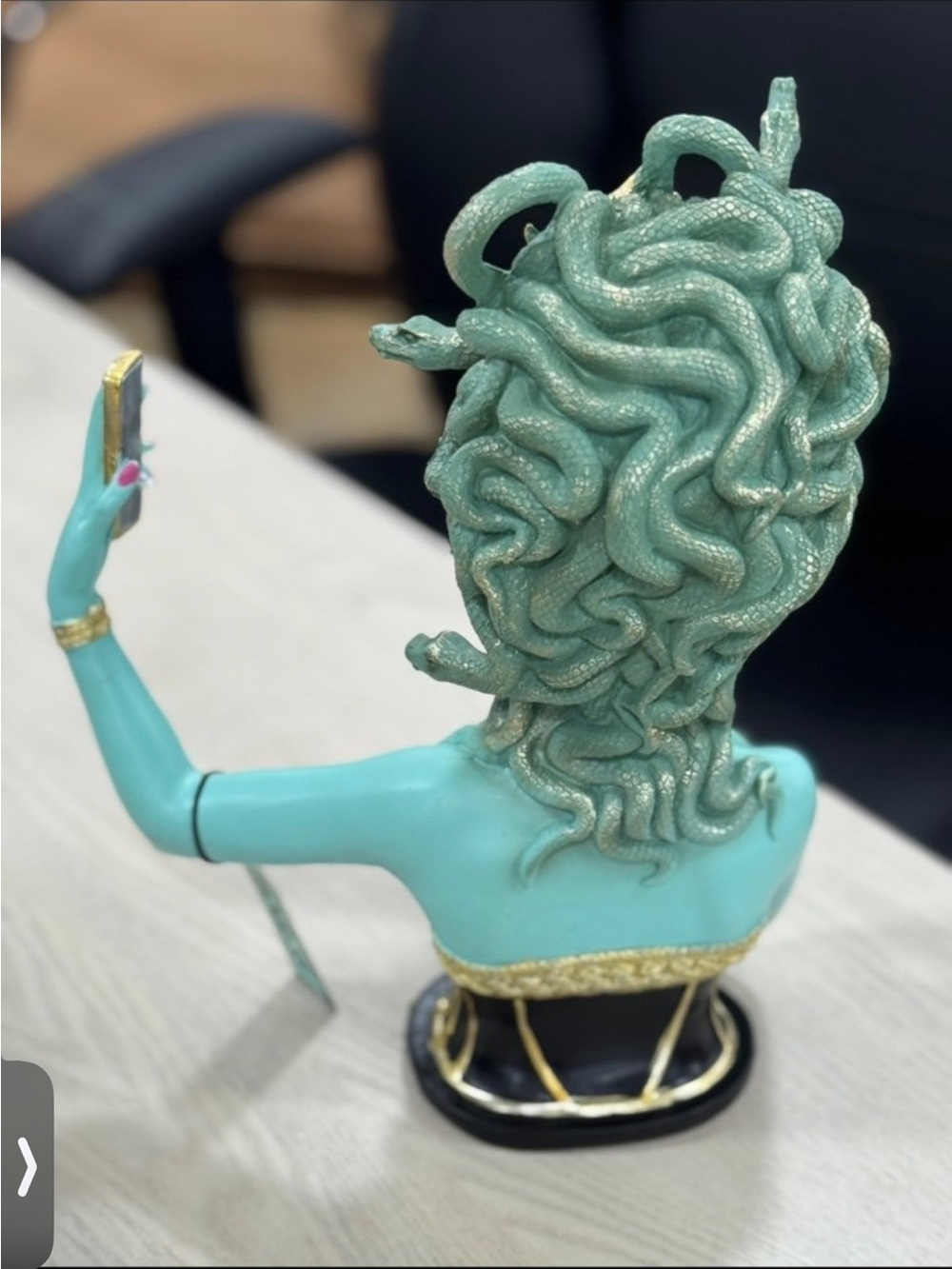 Turquoise Medusa Bust Figurine with Gold Accents and Pink Sunglasses - Picture 2 of 2